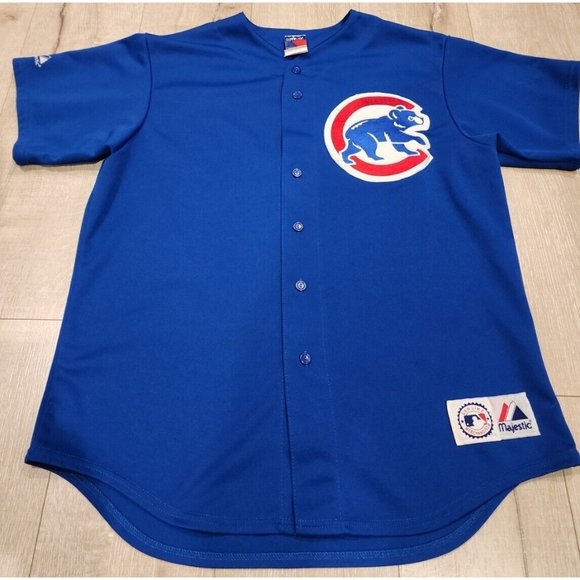 Vintage Majestic Chicago Cubs Jersey Blue Made USA Button Print Mens Sz 44 L - Picture 2 of 8